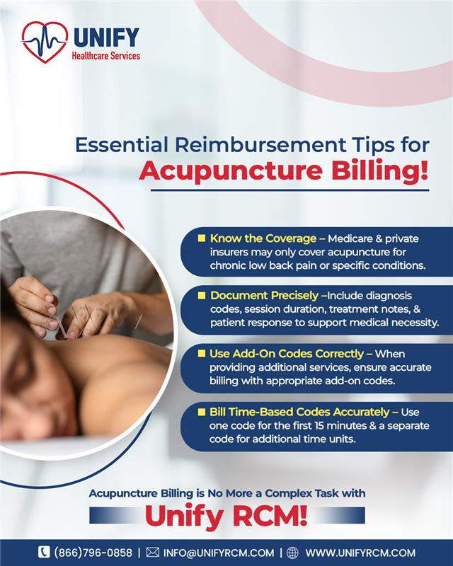 unifyrcm's tweet image. Acupuncture billing requires accurate coding, proper use of Modifiers, and compliance with CMS guidelines.
Unify Healthcare Services stays informed and assists in reducing claim denials, optimizing reimbursement, so you can focus on patient care.
#UnifyRCM #AcupunctureBilling