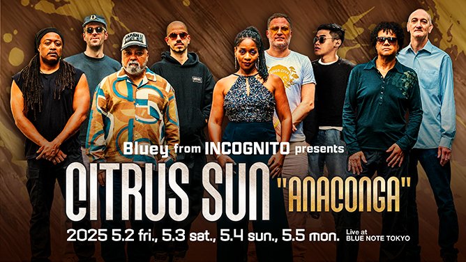 【New Show Added】
ブルーイ率いるインコグニートの別働隊が降臨
全方位で楽しむ極上のファンキー・ライヴ

Bluey from INCOGNITO presents CITRUS SUN
"ANACONGA"
2025 5.2 fri., 5.3 sat., 5.4 sun., 5.5 mon.

- JAZZ FOR CHILDREN -
5.5 mon. こどもの日