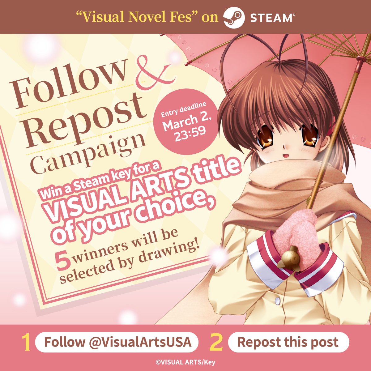 VISUAL ARTS Co.,Ltd. (@visualartsusa) on Twitter photo Visual Novel Fes on Steam March 3-10!
\Follow & Repost Campaign/
Win a Steam key for a VISUAL ARTS title of your choice, 5 winners will be selected!
🎁To participate:
- Follow <a href="/VisualArtsUSA/">VISUAL ARTS Co.,Ltd.</a>
- Repost this post
※Entry deadline: 23:59, March 2
List:
store.steampowered.com/developer/Visu… Visual Novel Fes on Steam March 3-10!
\Follow & Repost Campaign/
Win a Steam key for a VISUAL ARTS title of your choice, 5 winners will be selected!
🎁To participate:
- Follow <a href="/VisualArtsUSA/">VISUAL ARTS Co.,Ltd.</a>
- Repost this post
※Entry deadline: 23:59, March 2
List:
store.steampowered.com/developer/Visu…