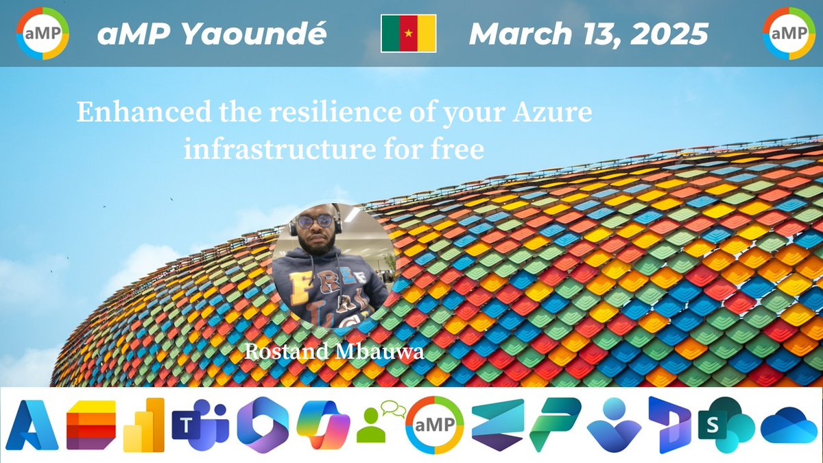 📢 #aMPYaoundé March 13,2025

📣 Rostand Mbauwa présente 
Enhance the resilience of your Azure infrastructure for free

#Azure #AI, #Microsoft365 #PowerPlatform
#MVPBUzz #Microsoft

📅 Agenda ampcommunity.online/amp-yaounde-13… 📅

➡️ Registration bit.ly/aMPYaoundeReg ⬅️