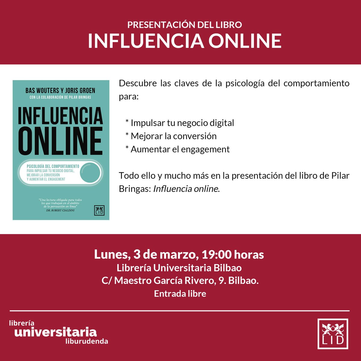 LID Editorial (@lideditorial) on Twitter photo ¡Recuerda! El próximo lunes tienes una cita con <a href="/PilarBringas/">MarketingEnPositivo</a> en #Bilbao. No te pierdas las presentación de su #libro: #InfluenciaOnline. ¡Recuerda! El próximo lunes tienes una cita con <a href="/PilarBringas/">MarketingEnPositivo</a> en #Bilbao. No te pierdas las presentación de su #libro: #InfluenciaOnline.