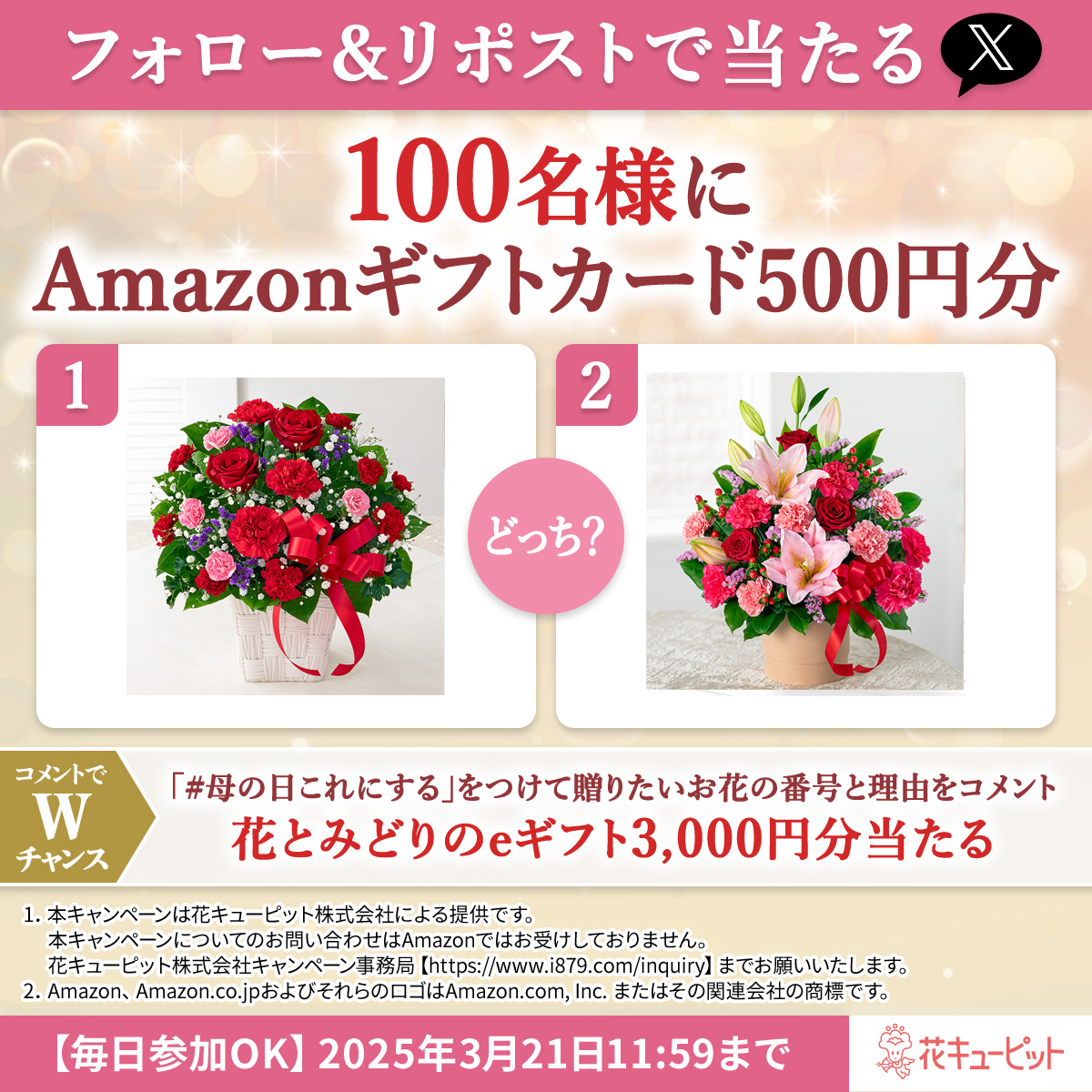 i8791's tweet photo. フォロー＆リポストでその場で当たる🌼
100名様にAmazonギフトカード500円分

コメントでWチャンスに参加🎁
1️⃣@i8791をフォロー
2⃣3/15 11:59迄に本投稿をリポスト
当選者に即DM
3️⃣Wチャンス🎁母の日どっち？
花とみどりのeギフト3000円分🌸
【#母の日これにする��と好きな番号をコメント📝 https://t.co/nplzhDNFGv