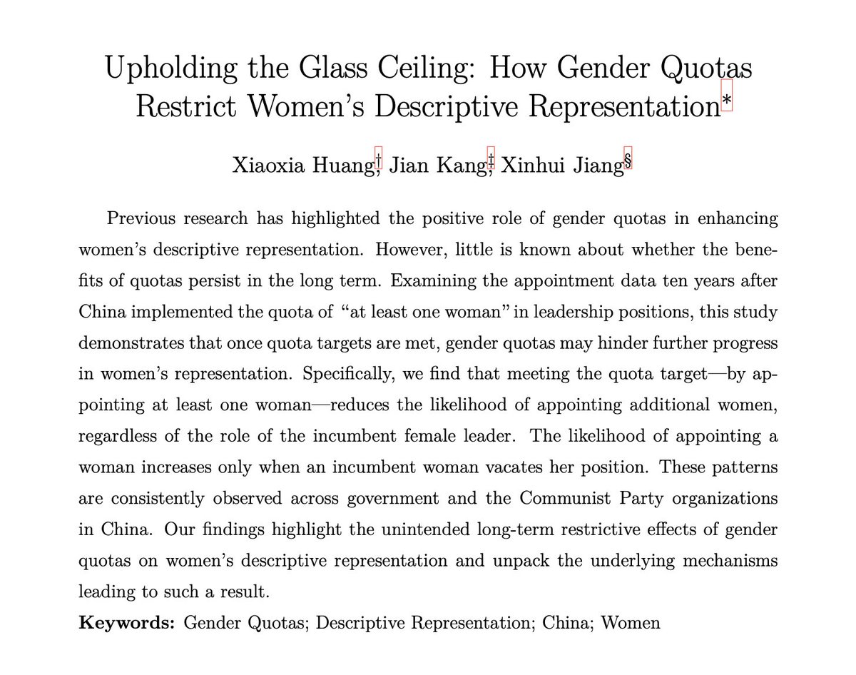 After monthssss of data collection/cleaning, we finally did it! We examined China's "at least one woman" quota for prefectural appointment and found that while it improves women's representation at first, it has become a glass ceiling in the long run..papers.ssrn.com/sol3/papers.cf…