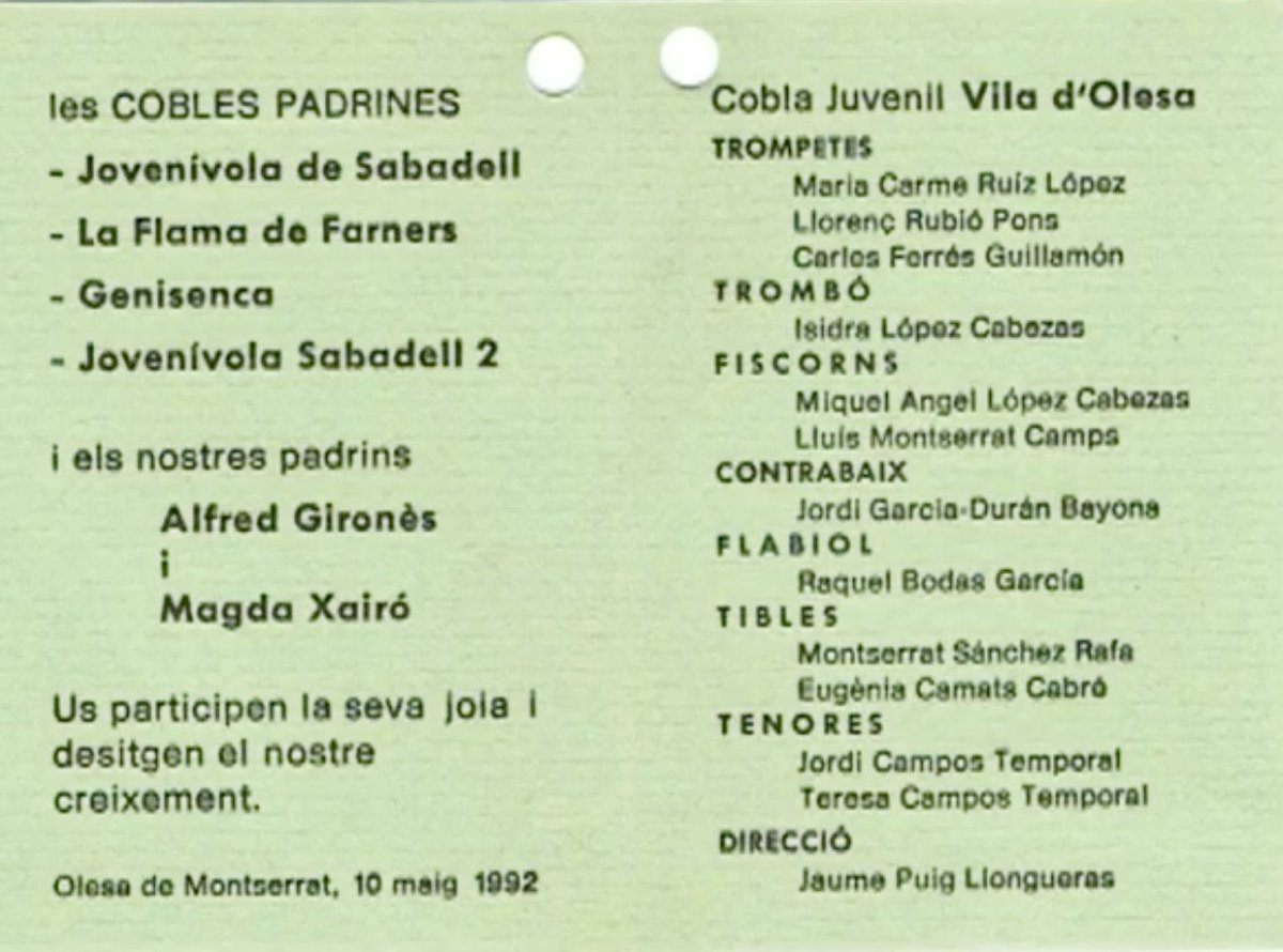 La cobla Vila d'Olesa lamenta la mort de Magda Xairó. L'any. 1992, quan es va fer el bateig de la nostra entitat, ella ens va fer de padrina. Volem fer arribar el nostre condol a la família i als amics. 🕊️