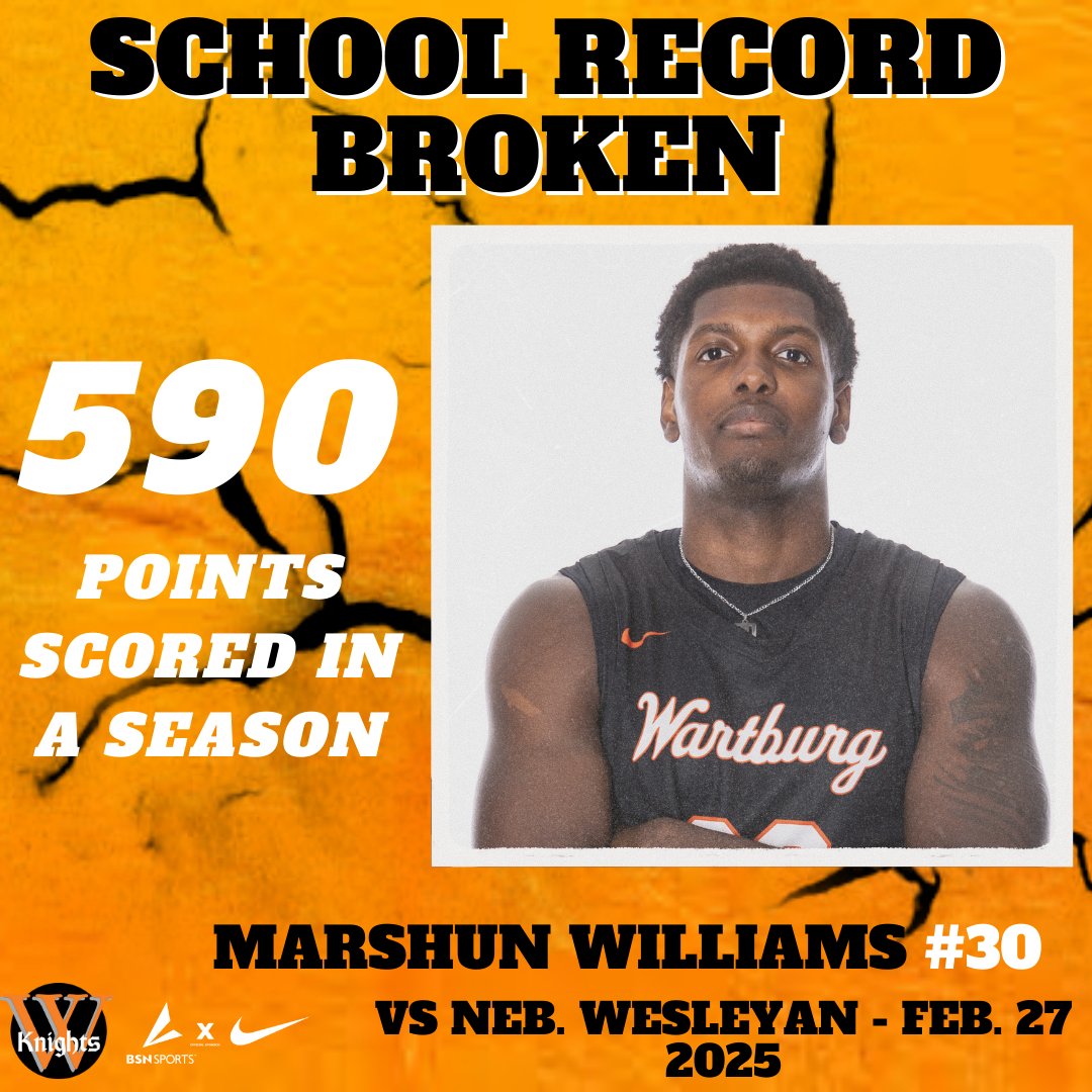 Congratulations to Marshun Williams for breaking the Wartburg single-season record for scoring with 590 total points this season!! 🔥

This record was previously held by Bob Adix, who scored 580 points in 1954-55 🏀