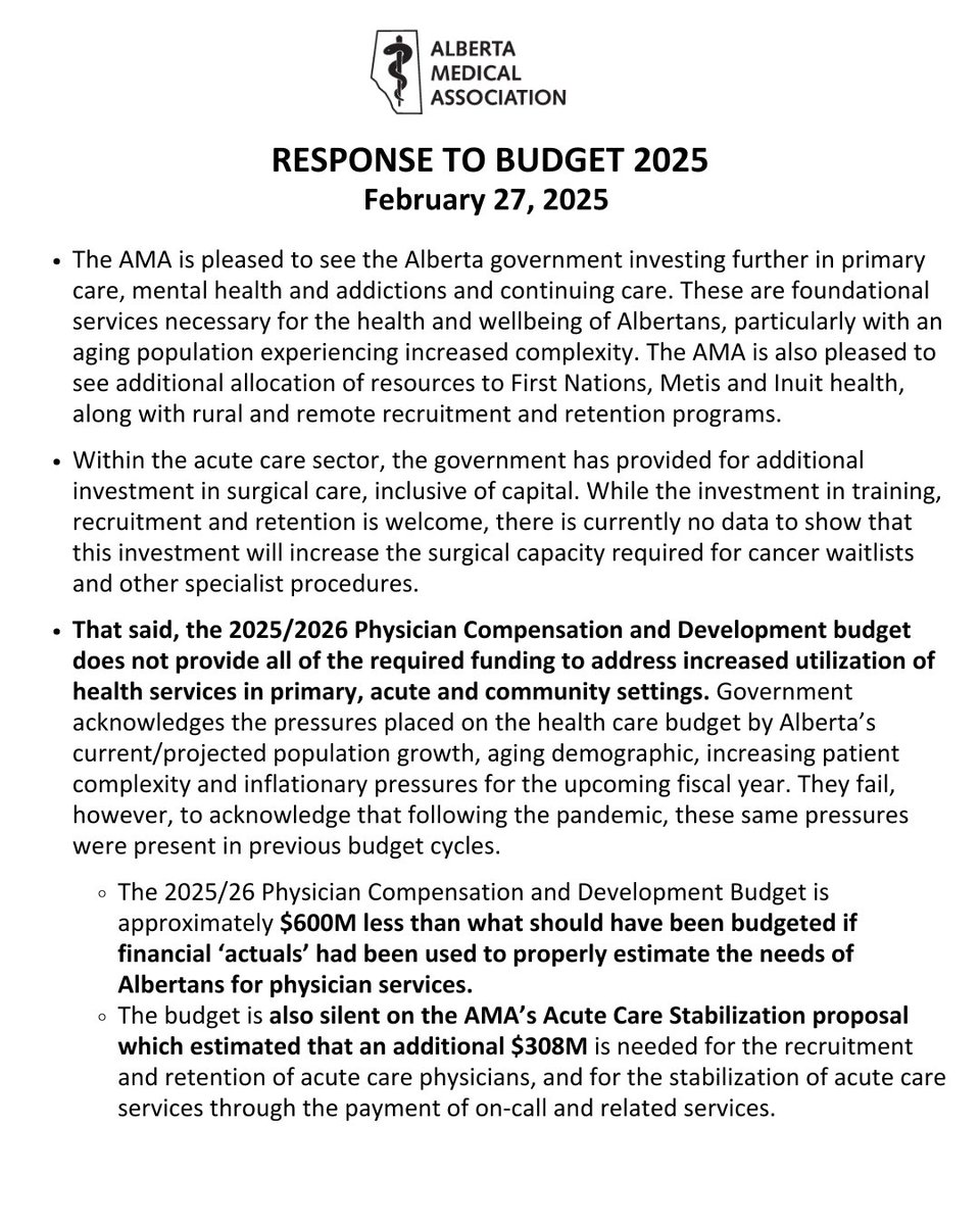 Albertadoctors's tweet photo. Alberta Medical Association response to Budget 2025 https://t.co/XHRVRT7xP3