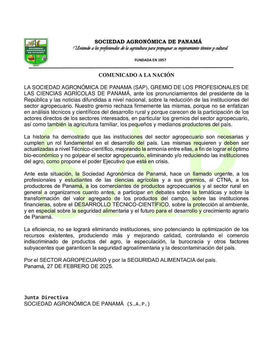 La Sociedad Agronómica de Panamá (SAP)rechaza las declaraciones del presidente José Raúl Mulino y hace un llamado a que se considere el trabajo que se ha venido realizando por el país y sus seguridad alimentaria.
@midapma 
<a href="/anaganoficial/">AnaganPanamá Oficial</a> 
<a href="/aprogalpa/">aprogalpa</a> 
@_apupanama
