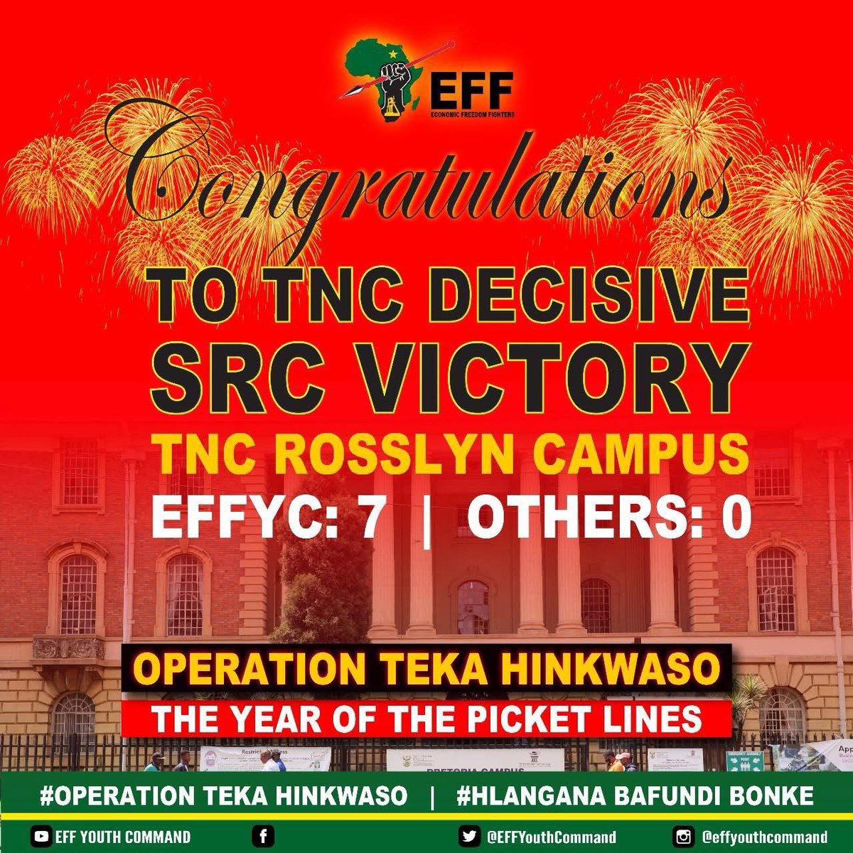ApostleDeza's tweet photo. Tshwane North College Sending a very clear message 👌🙏🏿 Congratulations to The EFF Youth Command. #EFFTurns12 ❤️🖤💚

Pretoria Campus
1. EFFYC : 5
2. Others : 2

Soshanguve
1. EFFYC : 7
2. Others: 0

Rosslyn
1. EFFYC : 7
2. Others : 0 

Gwaza Mkhonto Gwaza!🤙🏾 https://t.co/PfmSp3Ubbu