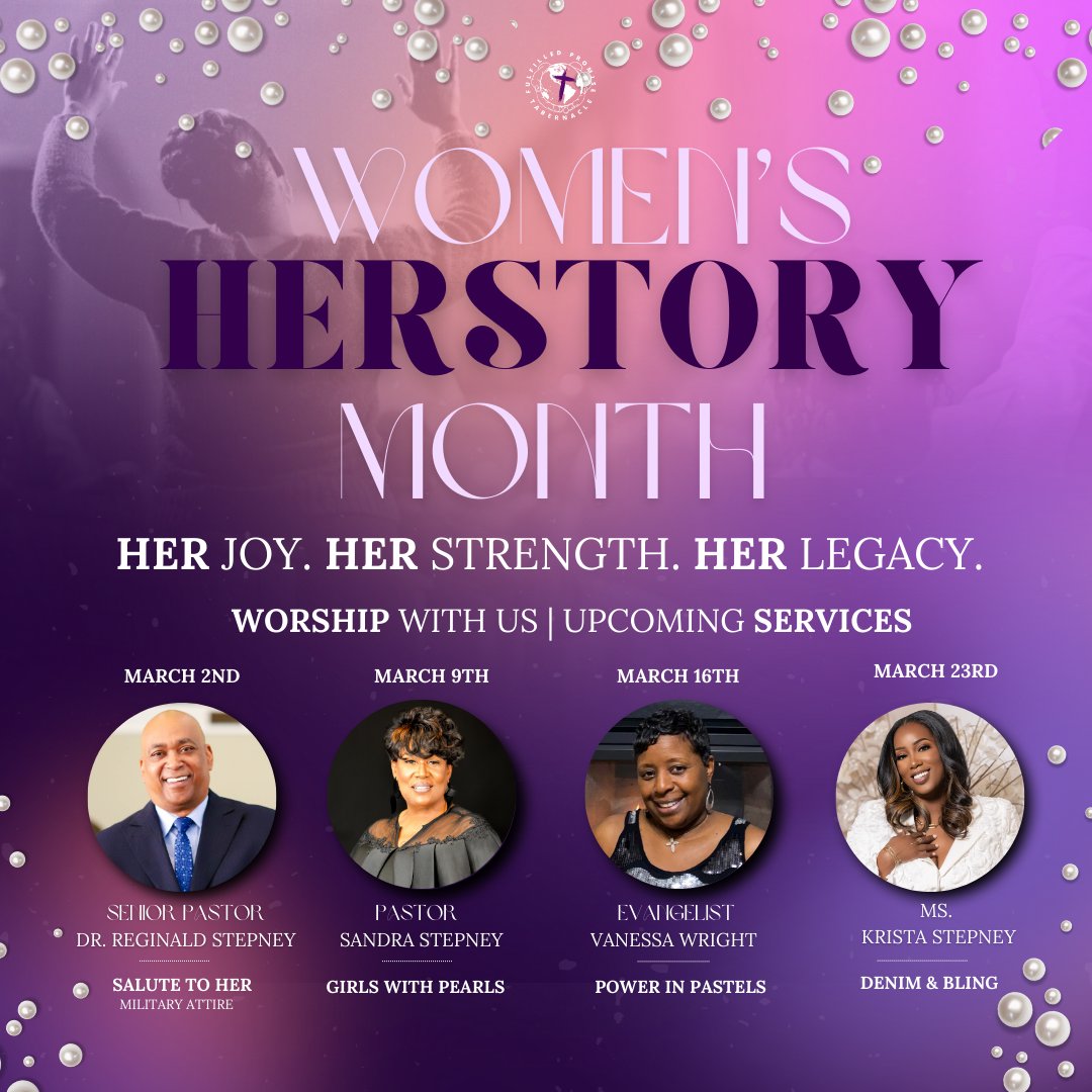 FPTabernacle's tweet photo. March is Women’s HERstory Month! 💜🌸Join us as we celebrate Her Joy. Her Strength. Her Legacy. Every Sunday!

📅 Upcoming Services:
👩🏾‍✈️ 3/2 – Salute to Her (Military Attire)
📿 3/9 – Girls with Pearls
🌸 3/16 – Power in Pastels
💎 3/23 – Denim &amp; Bling

#FPT  #womenshistorymonth https://t.co/JO25KTCxpS