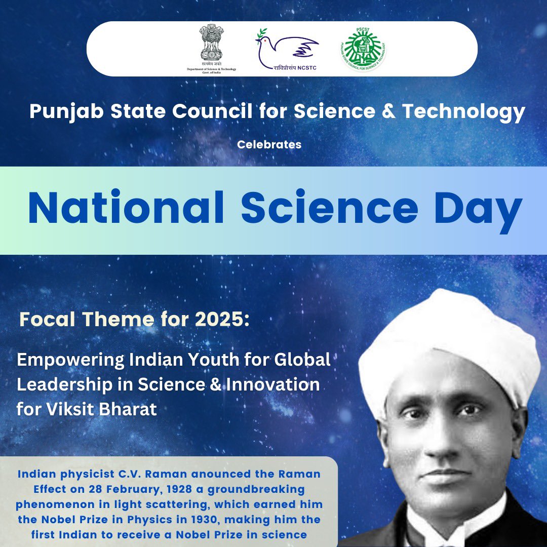 #NationalScienceDay2025 remind us of the transformative power of youth in #science &amp; innovation! <a href="/PSCST_GoP/">Punjab State Council for Science and Technology</a> encourages young leaders to drive sustainable progress &amp; technological excellence for a #ViksitBharat #NCSTC <a href="/IndiaDST/">DSTIndia</a> <a href="/PbGovtIndia/">Government of Punjab</a> <a href="/CMOPbIndia/">CMOPb</a> <a href="/karandi65/">Abhay Karandikar</a> <a href="/CsPunjab/">Chief Secretary Punjab</a>