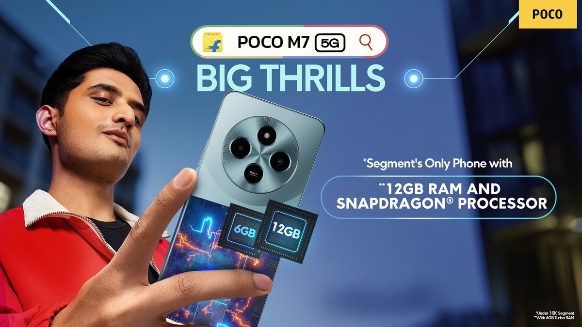 Atulbazaar's tweet image. POCO M7 5g has *Segments largest and safest display with TUV triple Certification* along with specifications like 12GB RAM (6GB Turbo Ram), Snapdragon 4 Gen 2. All of this and more in under 10K. 
#POCOM75G #POCOM7 @IndiaPOCO @Himanshu_POCO