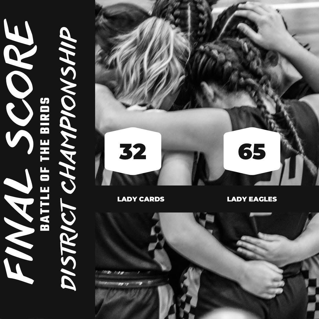 The Lady Cards fell to the Lady Eagles tonight in the District Tournament. 

Avery Creason 9
Ally Creason 8
Lex Feagin 5
Querria Sexton 3
Lay Mayes 2
Keely Henson 2
Sadie Robbins 2
Serenity Dunbar 1
They will be back in action at Murray State next week for the Regional Tournament