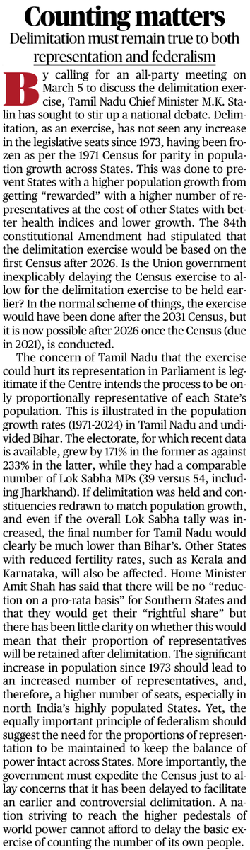 sathyantweets's tweet photo. HCM .@mkstalin stands to protect Tamil Nadu's interest. 

The Centre’s delay in conducting the Census raises concerns— is it to push delimitation earlier to favor populous states? 

Fair representation must not punish states with better governance. #FederalismMatters https://t.co/TXn2SpP2Dg