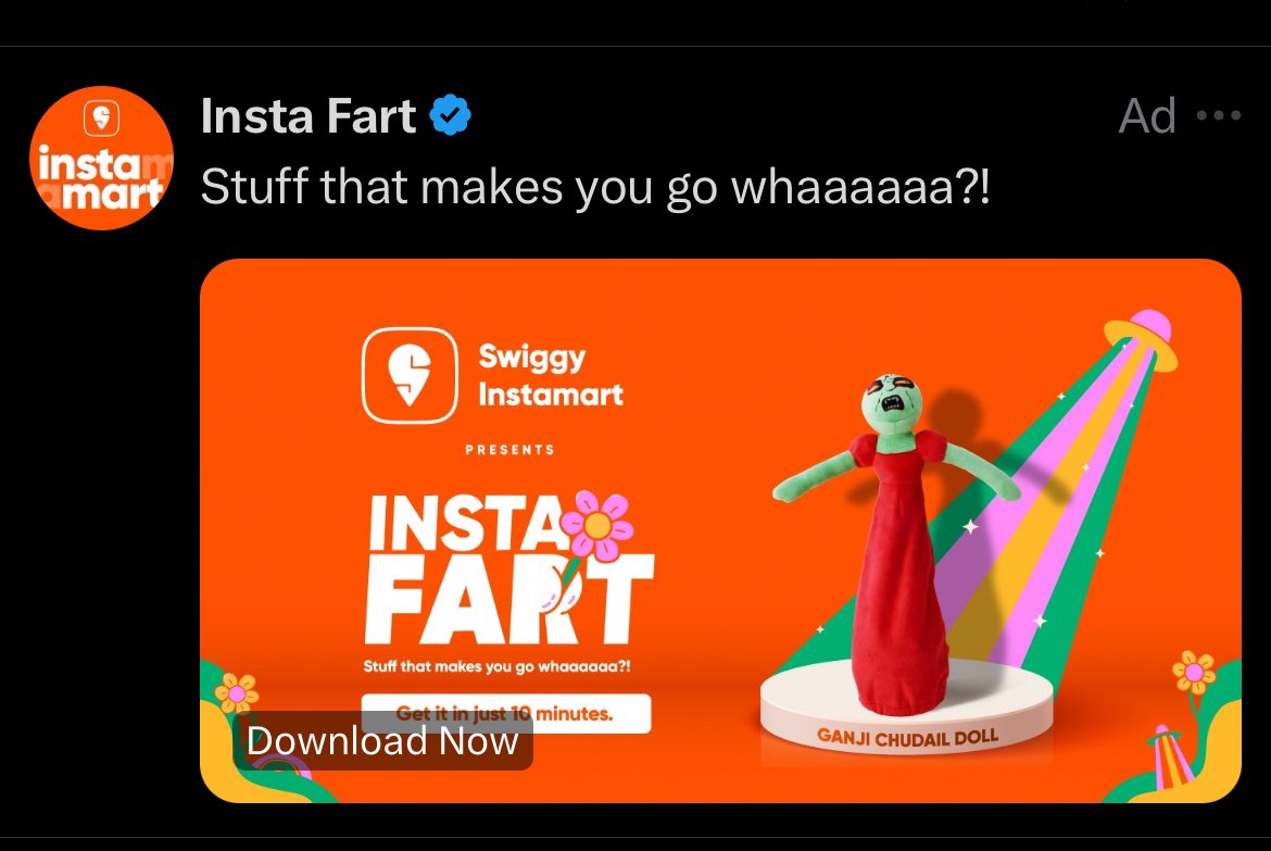 Manojmunna0's tweet photo. Official Swiggy Instamart Brand Guideline : "Use Playful, Vibrant Visuals to Stand Out."  
Mock Version: "Use Playful, Fart-astic Visuals to Confuse and Delight. https://t.co/tUki08vneP