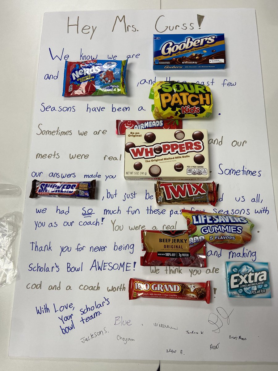 SandyGurss's tweet photo. My amazing Scholars Bowl team surprised me with a great poster at our end of season celebration! Thanks team for the clever card and all your effort this season. I am so PRoud to have had each of you on my final team.  Go forth and continue to be amazing! @USD449 https://t.co/YKpemgEg74
