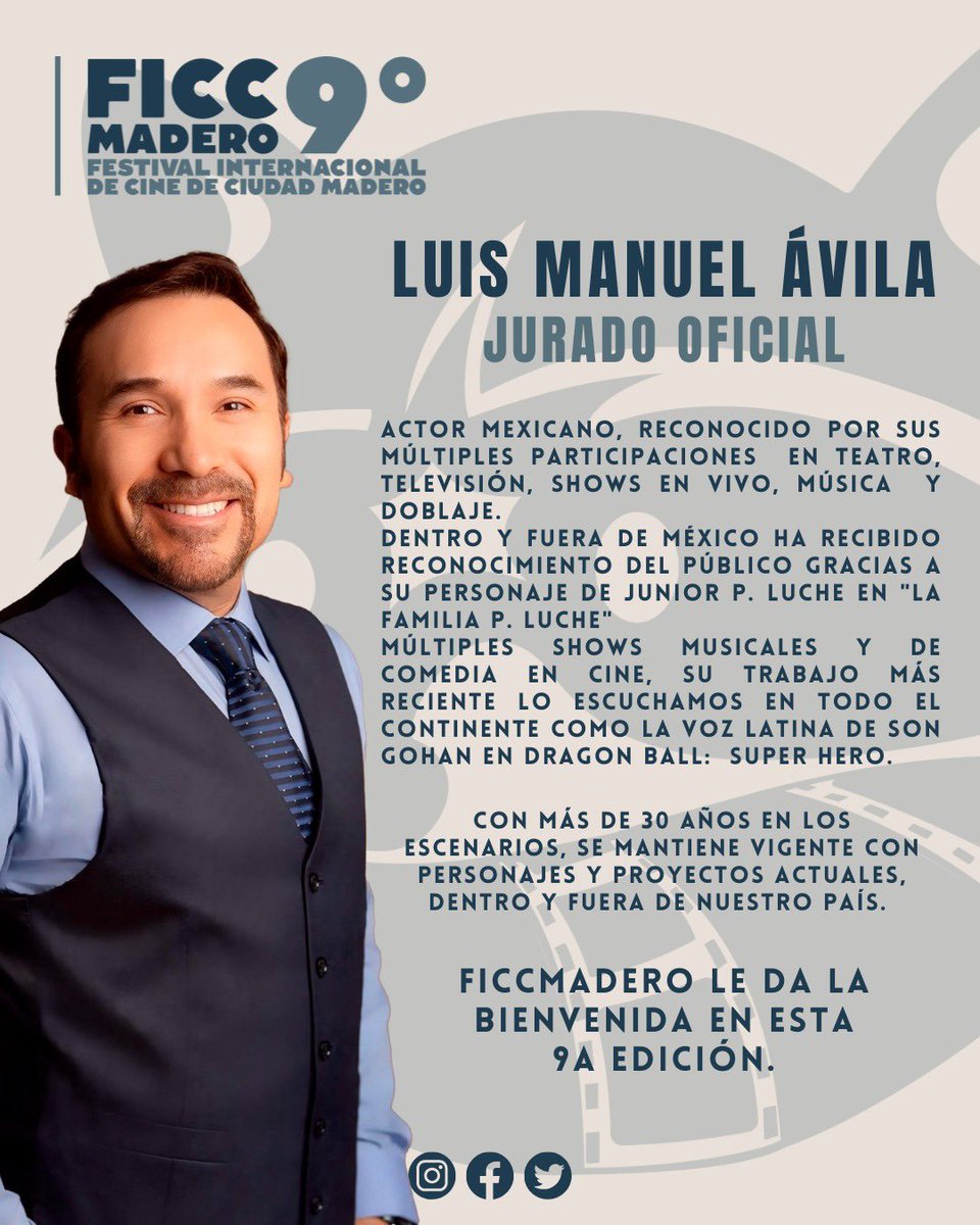 ¡Nos complace anunciar que <a href="/AvilaLuisManuel/">Luis Manuel Ávila</a> , el talentoso actor mexicano, reconocido por su papel <Junior> en “La Familia Peluche” y por dar vida a  “Son Gohan” en Dragon ball Súper. Será Jurado Oficial de la 9na Edición del FICCMADERO! 🎬🌟