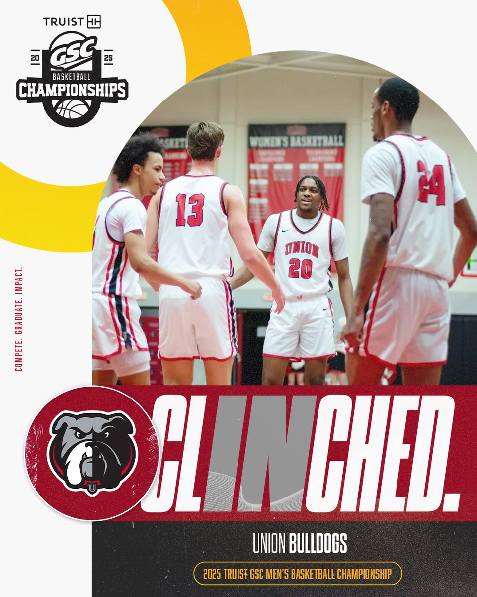 CLINCHED.

With its win over Trevecca, <a href="/UUAthleticsMB/">Union University Men's Basketball</a> secured a spot in the 2025 <a href="/Truist/">Truist</a> GSC Men's Basketball Championship!