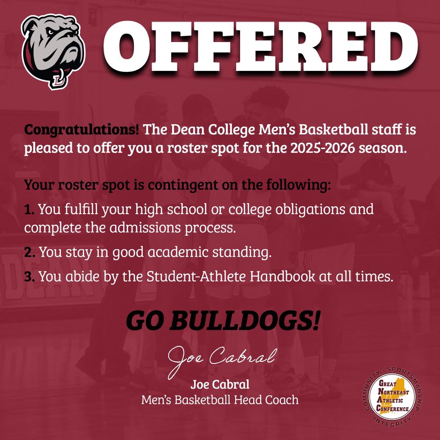 After a great conversation with <a href="/JacksonSGarner/">Jackson Garner</a> I’m blessed to receive an offer from <a href="/DeanMBB/">Dean College Men’s Basketball</a>