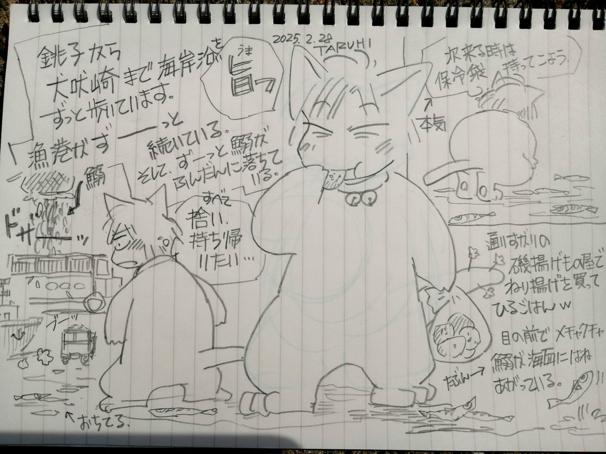 旅スケッチ。銚子からずーっと歩いている。魚の水揚げ初めて見た😆遠くに「マグロが落ちてる‼️」と思って駆けつけたらサメだったwラベルが貼られていたから引き取られて行くのかな。 