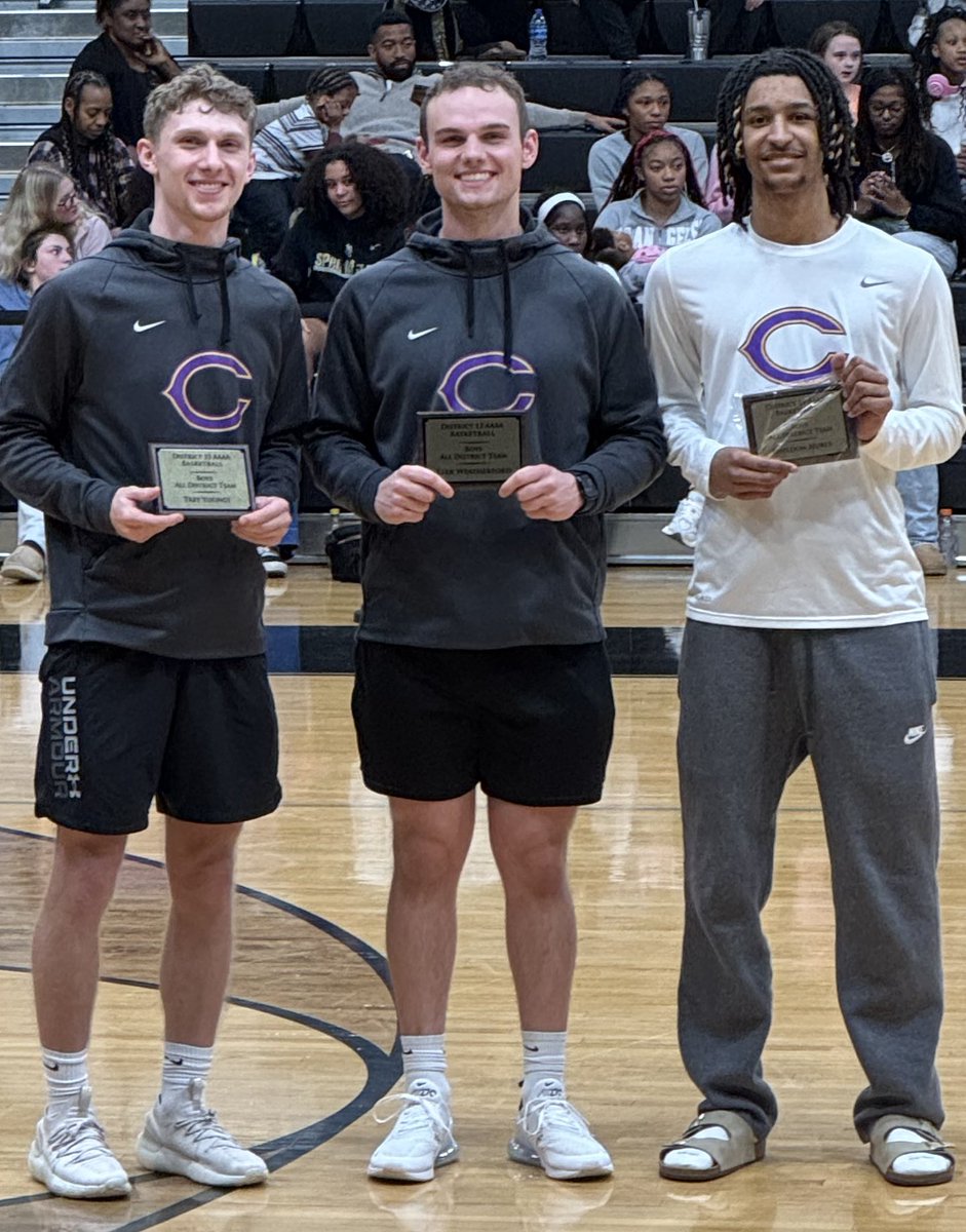 Congrats to our All District First Team Selections! Trey Youngs, Kirk Weatherford, &amp; Sheldon Huber 🏀💜💛