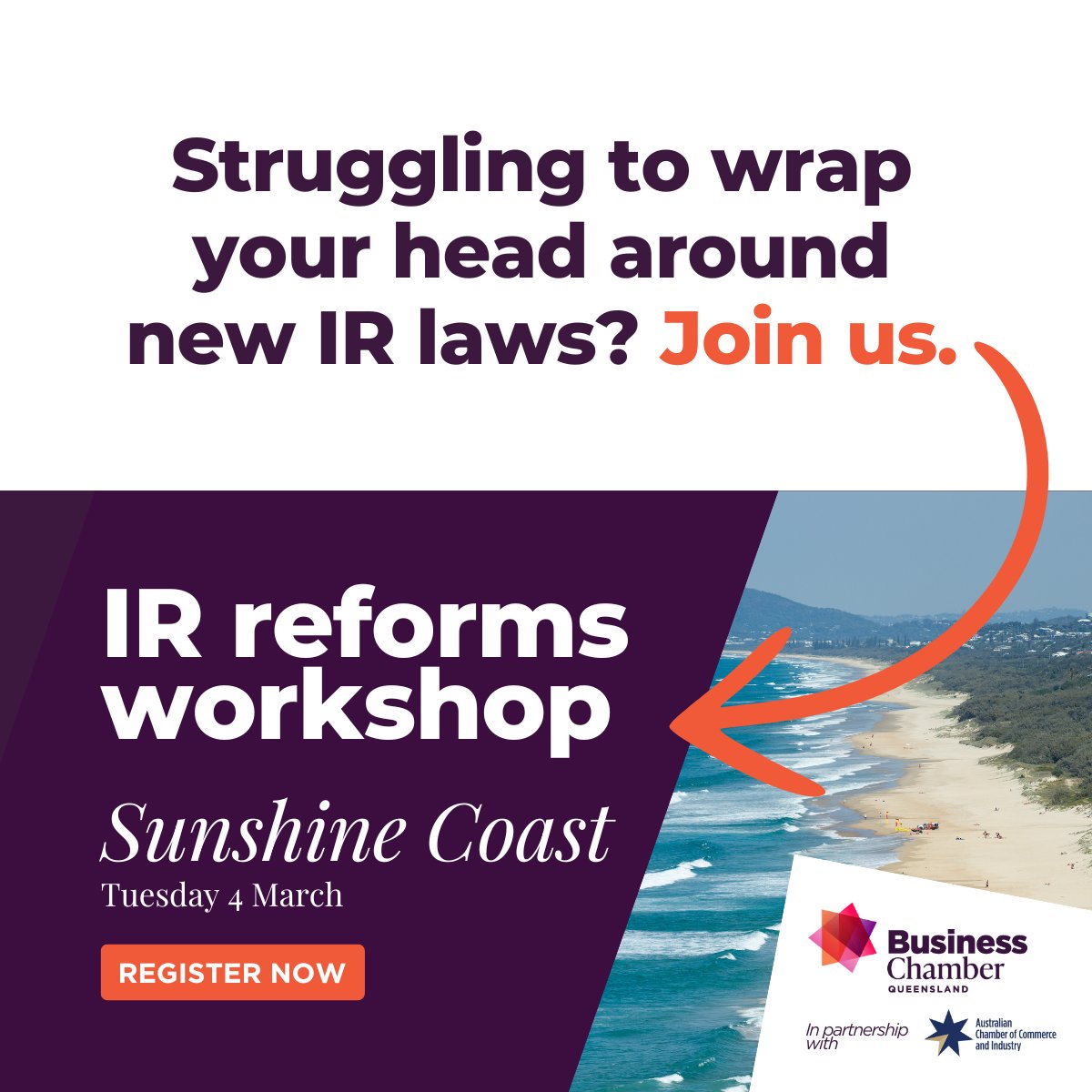 Calling all Sunshine Coast businesses - Join our Workplace Relations team at Venue 114 next Tuesday for an IR Reforms workshop that will help you take the stress out of navigating the latest changes in IR rules and regulations. Register now: events.humanitix.com/ir-reforms-roa…