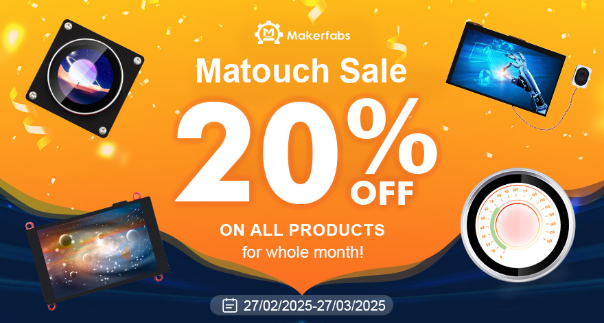MakerfabsTech's tweet photo. 🎉 To thank customers for your long term support, Matouch is launching a month-long 20% off promotion!
⏰From 27th February to 27th March
All Matouch products can enjoy super discount! 💡
Don't miss this opportunity to boost your productivity and creativity together! 🔥
Order Now: https://t.co/fovy9pMPYW
#Matouch #Promotion #esp32 #SmartTech #deals #display #discount