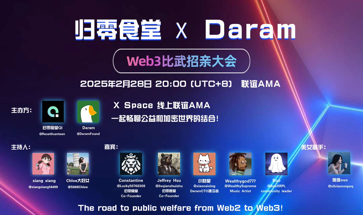 Z2H_Web3's tweet photo. 归零食堂 X Drama🚀
联谊AMA预告📢！
寒冷行情不妨来放松一下，展示才艺！
对项目卓越的分析技术✅
对市场精准的预测技术✅
唱歌，Rap或者是其他才艺✅
来参加我们的Web3比武招亲大会
香香@xiangxiang14499 等候你的到来
公益社区之间可以擦出什么样的火花？
拭���以待
2月28日晚20:00（UTC+8）X Space不见不散
AMA预热抽出30个3u的红包
AMA更有10-30u大红包等你来拿
只需：
点赞转发✅
关注归零食堂官推以及大鹅社区官推✅@Reset0Canteen @DaramFound 
加入归零食堂社区：https://t.co/6aUqUsWghC