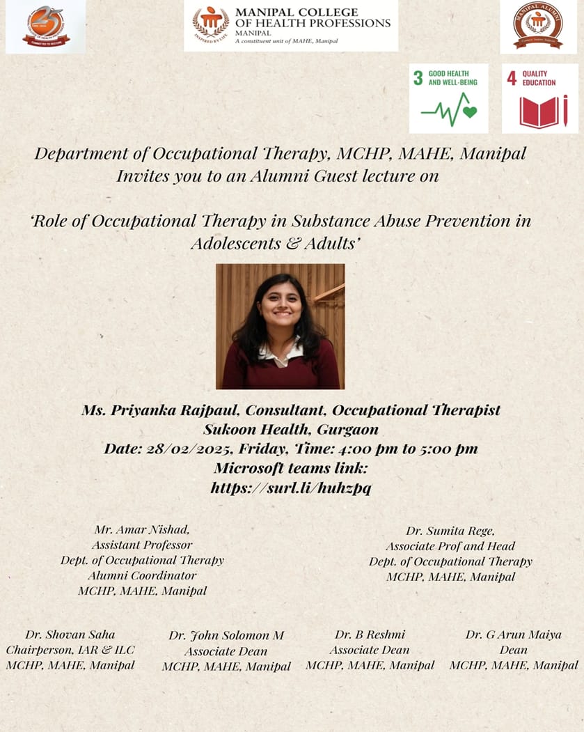 Occupational Therapy at MCHP, MAHE, Manipal (@ot_mchp_mahe) on Twitter photo Alumni guest talk 2025
<a href="/OT_MCHP_MAHE/">Occupational Therapy at MCHP, MAHE, Manipal</a>
<a href="/MCHP_MAHE/">MCHP</a> <a href="/MAHE_Manipal/">Manipal Academy of Higher Education</a> teams.microsoft.com/l/meetup-join/โฆ Alumni guest talk 2025
<a href="/OT_MCHP_MAHE/">Occupational Therapy at MCHP, MAHE, Manipal</a>
<a href="/MCHP_MAHE/">MCHP</a> <a href="/MAHE_Manipal/">Manipal Academy of Higher Education</a> teams.microsoft.com/l/meetup-join/โฆ