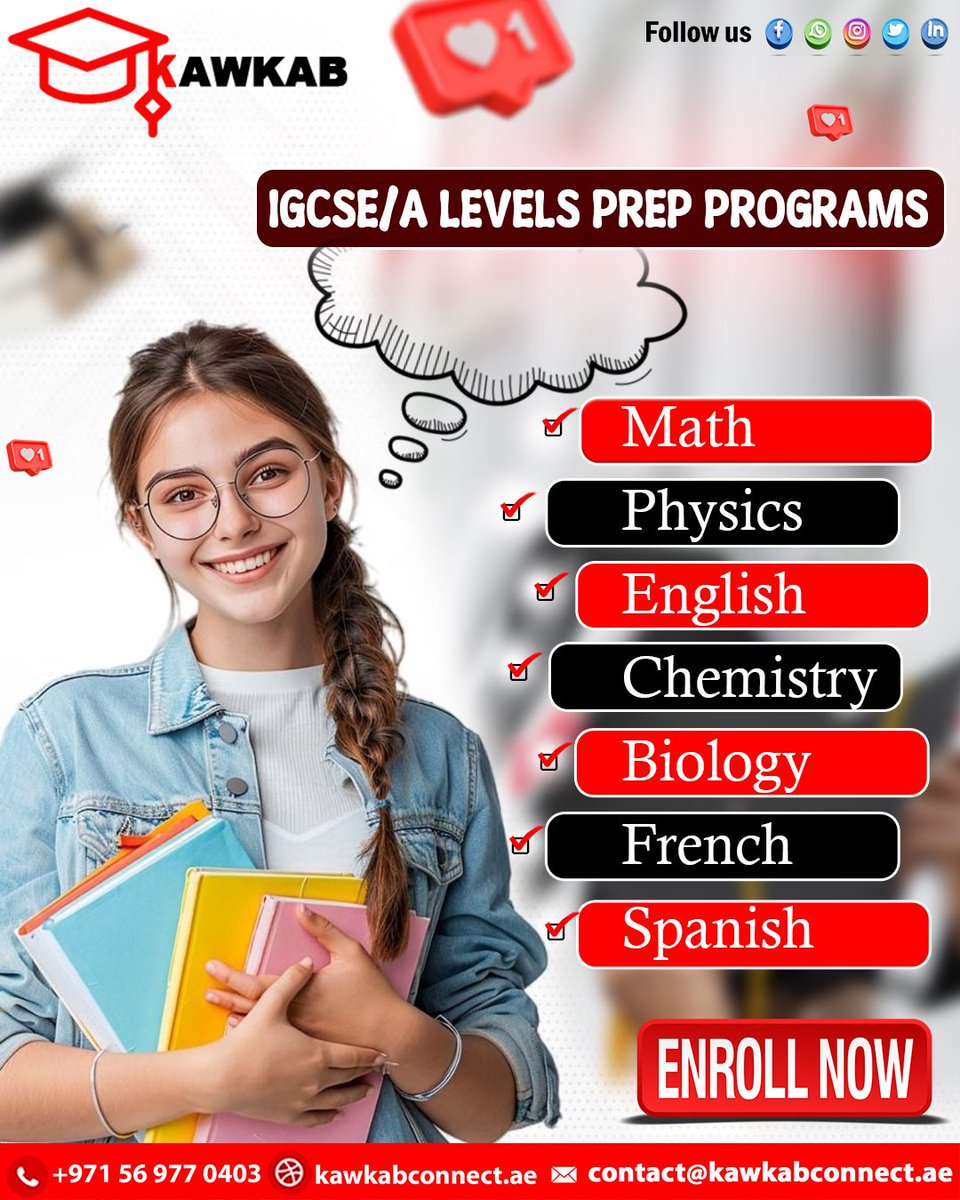 kawkabclasses's tweet image. Book your free trial - kawkabconnect.ae
Contact with us - +971569770403

#IGCSEPrep #ALevelSuccess #ExamReady #TopScores #Math #Physics #English #Chemistry #French #StudySmart #FutureAchievers #EducationMatters #AcademicExcellence #TutoringServices #EnrollNow