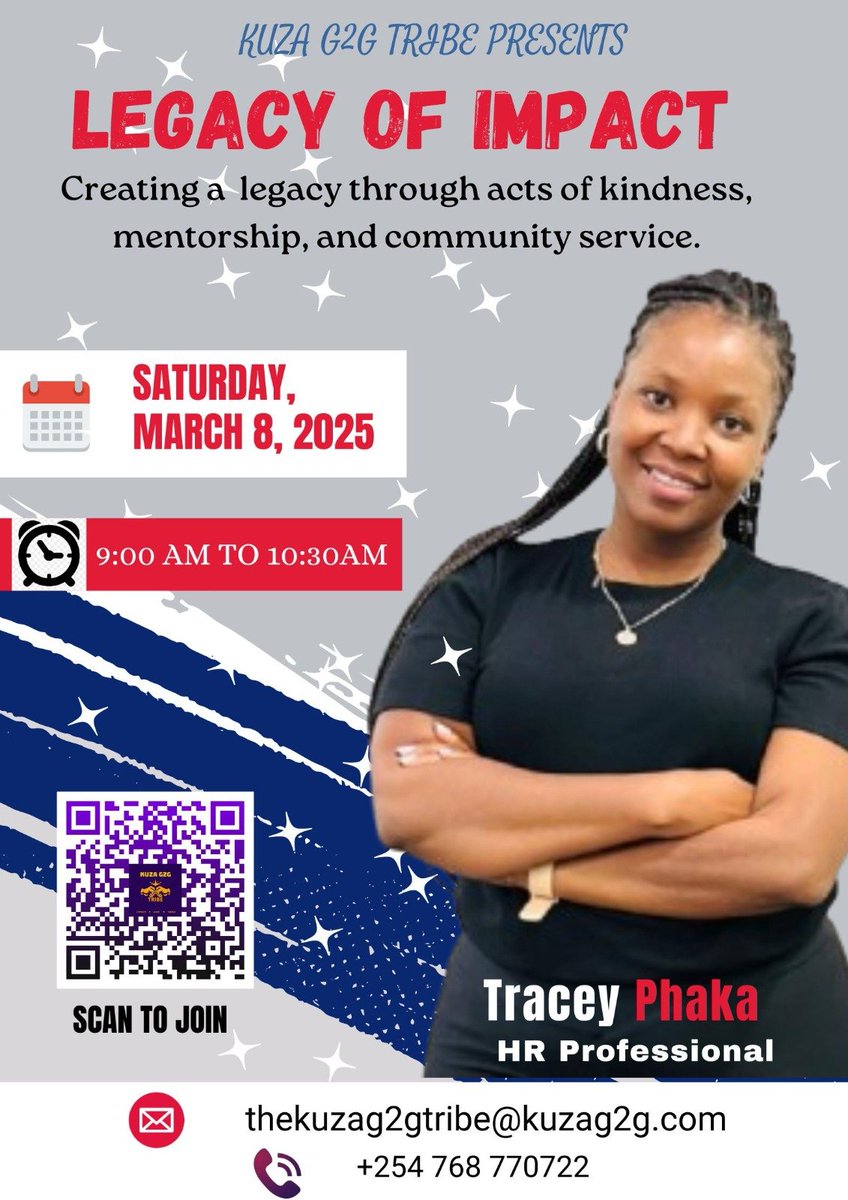 TheKuzaG2GTribe's tweet photo. On 8th of March 2025, we sit with the great Tracey Phaka, from SA🇿🇦. She is a HR practitioner currently studying an MBA. We aim to discuss matters impact and legacy. On how to build one and have long lasting impact.
 The meeting link;
https://t.co/dRAW5x46WF.
Connect,learn,thrive https://t.co/r4kHubdf1c