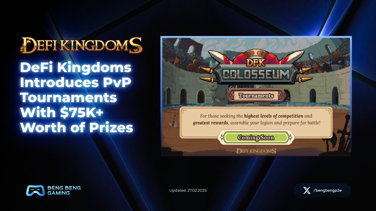 Beng Beng Gaming (@bengbengp2e) on Twitter photo โ๏ธ DeFi Kingdoms PvP Tournaments: $75K+ in Prizes!
๐ฅ Get ready for battle! <a href="/DeFiKingdoms/">DeFi Kingdoms ๐บ๐ฟ</a> is launching a 6-month PvP tournament series on Metis, with over $75,000 in rewards up for grabs! The ultimate All-Star Tournament winner will claim a $10K grand prize!
๐ Daily Skirmishes โ๏ธ DeFi Kingdoms PvP Tournaments: $75K+ in Prizes!
๐ฅ Get ready for battle! <a href="/DeFiKingdoms/">DeFi Kingdoms ๐บ๐ฟ</a> is launching a 6-month PvP tournament series on Metis, with over $75,000 in rewards up for grabs! The ultimate All-Star Tournament winner will claim a $10K grand prize!
๐ Daily Skirmishes