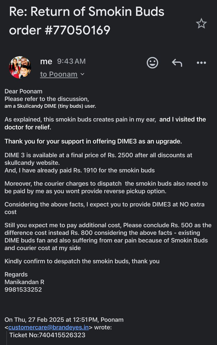 ManikandanVoice's tweet photo. @SkullcandyIndia regarding the ear pain am undergoing due to the recent purchase of Smokin buds order #77050169 and customer complaint ticket # 740415526323 for return/refund/exchange with DIME3…

PLEASE DONT PUNISH THE CUSTOMER WHO SUPPORTS YOUR PRODUCTS https://t.co/nEhWfp6jY8