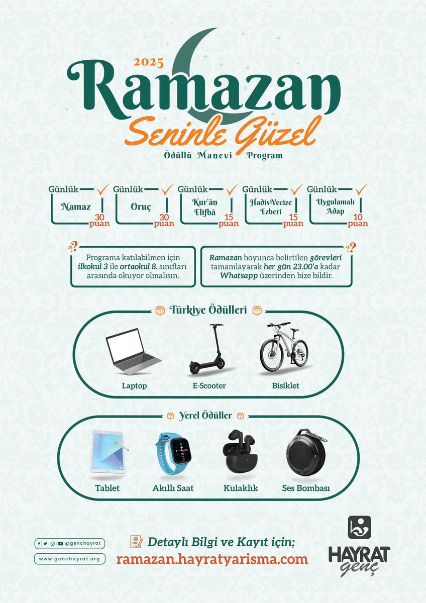 muratonuryagiz's tweet photo. 🌙 Ramazan Seninle Güzel!

İlkokul 3 ve Ortaokul 8. sınıfları arasında okuyan öğrencilerin katılabileceği “Ödüllü Manevi Program” başlıyor! 

Sen de Ramazanı dolu dolu geçirmek için bu sevince ve heyacana ortak ol!

Detaylar ve başvuru için;

https://t.co/VfVJuaR75i

#GençHayrat https://t.co/zXYrLdrNQG