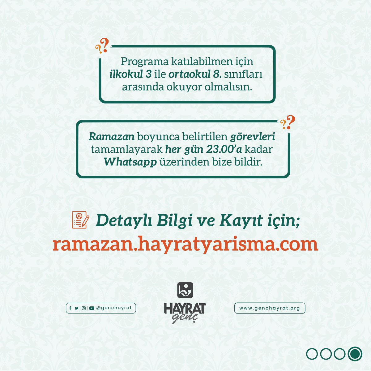 muratonuryagiz's tweet photo. 🌙 Ramazan Seninle Güzel!

İlkokul 3 ve Ortaokul 8. sınıfları arasında okuyan öğrencilerin katılabileceği “Ödüllü Manevi Program” başlıyor! 

Sen de Ramazanı dolu dolu geçirmek için bu sevince ve heyacana ortak ol!

Detaylar ve başvuru için;

https://t.co/VfVJuaR75i

#GençHayrat https://t.co/zXYrLdrNQG