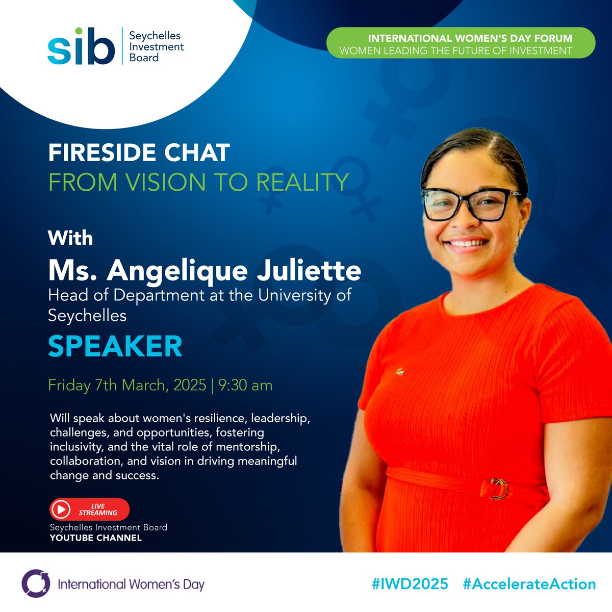 Join us for an insightful Fireside Chat with Ms. Angelique Juliette, Head of Department at the University of Seychelles, as she discusses women’s resilience, leadership, inclusivity, and the power of mentorship in shaping a brighter future.
#AccelerateAction #IWD2025