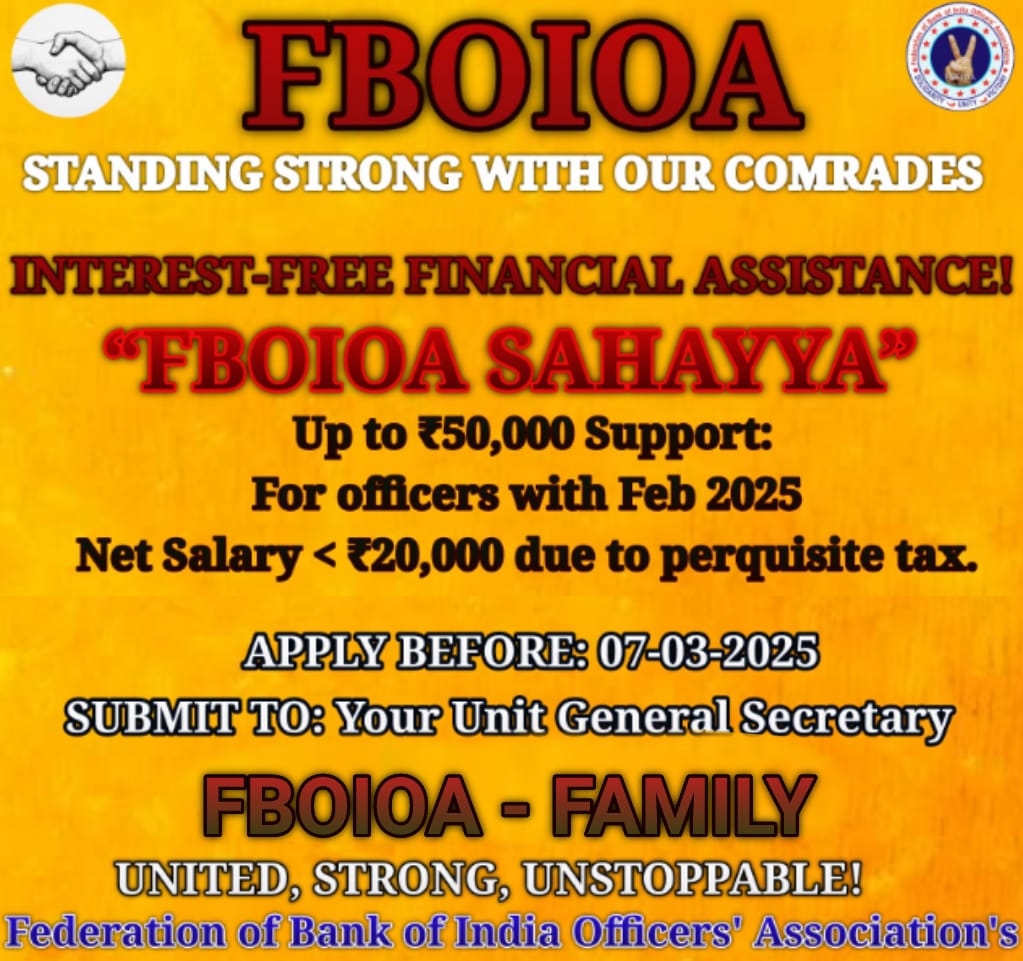 Nilesh Pawar (@nilesh_pawar15) on Twitter photo #FBOIOA_Sahayya – Supporting Our Members in Tough Times. <a href="/fboioa_india/">Federation of Bank of India Officers' Associations</a> has strongly taken up the issue with <a href="/BankofIndia_IN/">Bank of India</a> Top management demanding relief from perquisites. While discussions continue, we cannot let our members struggle.
FBOIOA has launched an Interest-Free #FBOIOA_Sahayya – Supporting Our Members in Tough Times. <a href="/fboioa_india/">Federation of Bank of India Officers' Associations</a> has strongly taken up the issue with <a href="/BankofIndia_IN/">Bank of India</a> Top management demanding relief from perquisites. While discussions continue, we cannot let our members struggle.
FBOIOA has launched an Interest-Free