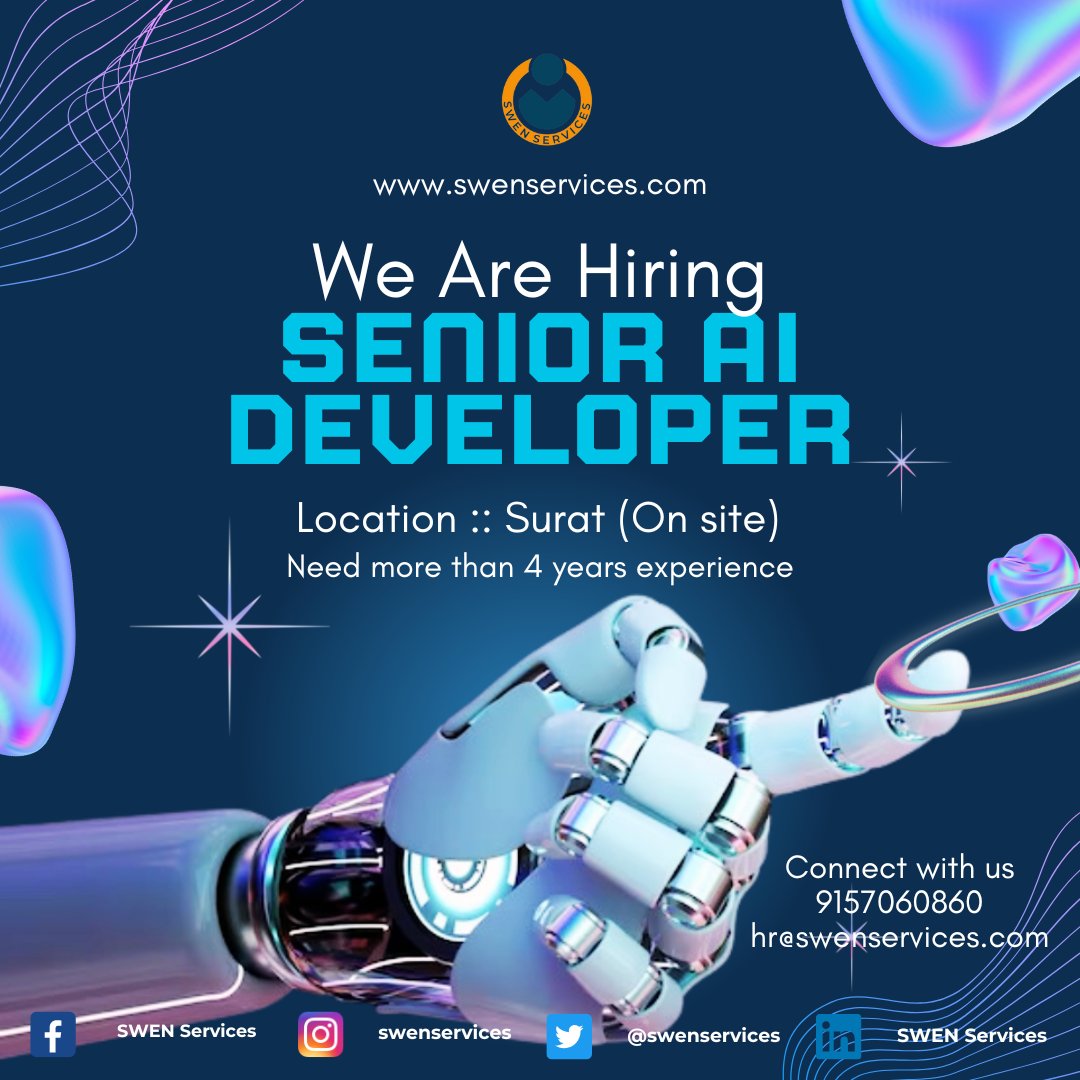 Swenservices's tweet photo. Hiring Alert !
Position :: AI Developer
Location :: Surat (On site)
Experience :: 4+ years
Connect with us on 9157060860 for more details.
Need candidate from Surat location only.
#aideveloper #machinelearning #artificialintelligence #suratjobs #seniorposition #AIML #AI #ML https://t.co/vhrNOrb8Tm