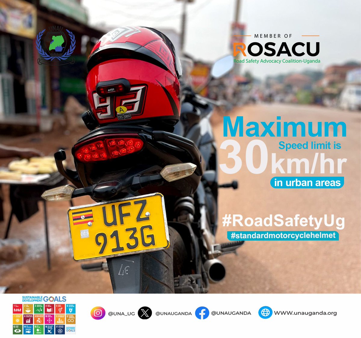UNAUGANDA's tweet photo. Riding at a lower speed doesn’t mean you or your passenger can skip wearing a helmet.

Always ride carefully and adhere to the 30 km/hr speed limit in urban areas.

Parents, ensure your child wears a standard motorcycle helmet when using boda bodas.

#StandardMotorcycleHelmet 
#RoadSafetyUg