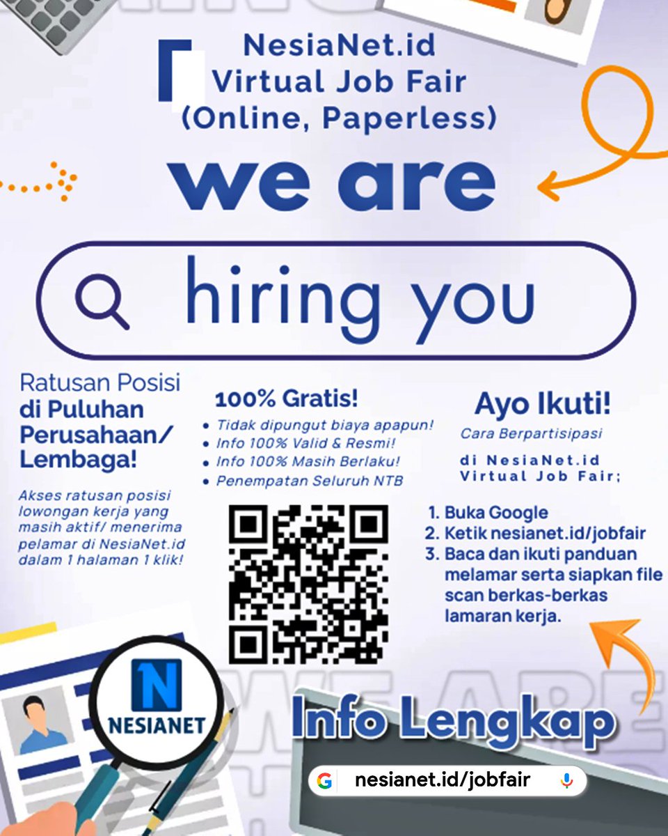 NesiaNet's tweet photo. https://t.co/LWQYppnvEt Job Fair Mataram Lombok Sumbawa Bima Dompu NTB Bali NTT Se-Indonesia (Bursa Kerja Online, Virtual) Resmi Gratis Terbuka untuk Umum

ℹ️ Info Lengkap
🖥️ Buka Google, Lalu
🔍 Ketik atau Klik link berikut!: https://t.co/9xR45qJov7 https://t.co/5MtGU5tkVH