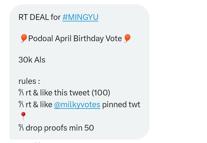 kyeomiiuniverse's tweet photo. RT DEAL for #MINGYU  

🎈Podoal April Birthday Vote🎈 

 30k Als   

rules : 
𐙚 rt &amp; like this tweet (100) 
𐙚 rt &amp; like @milkyvotes pinned twt
📍 
𐙚 drop proofs min 50 https://t.co/I0DAMTL2rx