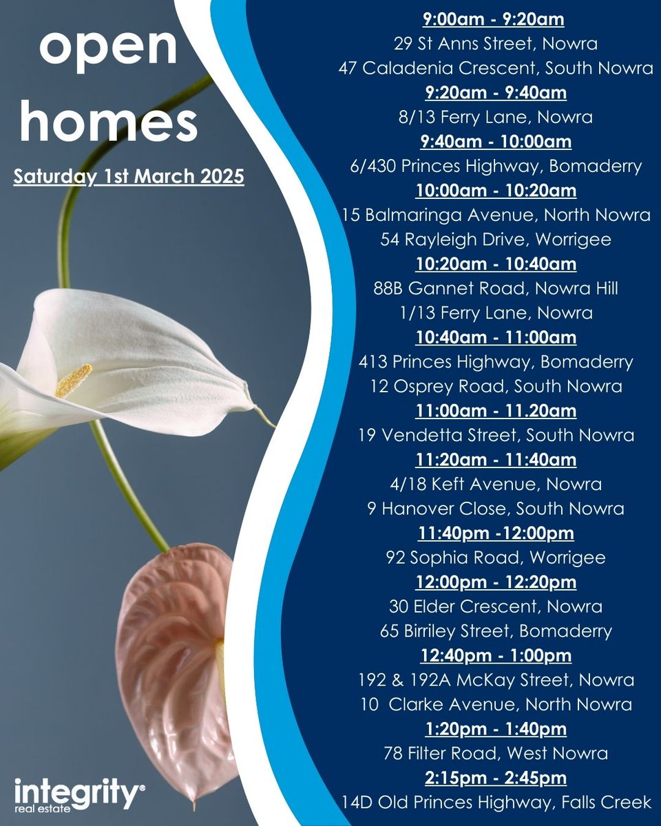 Integrity2003's tweet photo. Open Homes | Saturday 1st March 2025
Come along and check out some of our current listings! π‘π
#integrityrealestate #getabetterpricewithintegrity #openhouse #shoalhaven #forsale #openforinspection #openhome https://t.co/TS9IMBR9hA