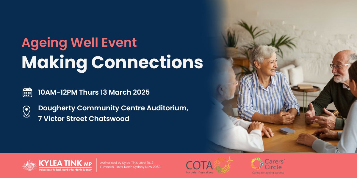 NikkiAnneWilson's tweet image. Being socially active is good for our brains but 1 in 3 older adults report being lonely. Come to our FREE event 13th Mar in Chatswood, Sydney and make some new connections! Register➡️ kyleatink.com.au/mc_20250313 @AgeingFutures @UNSW @neuraustralia @CarersCircle @COTA_NSW @KyleaTink