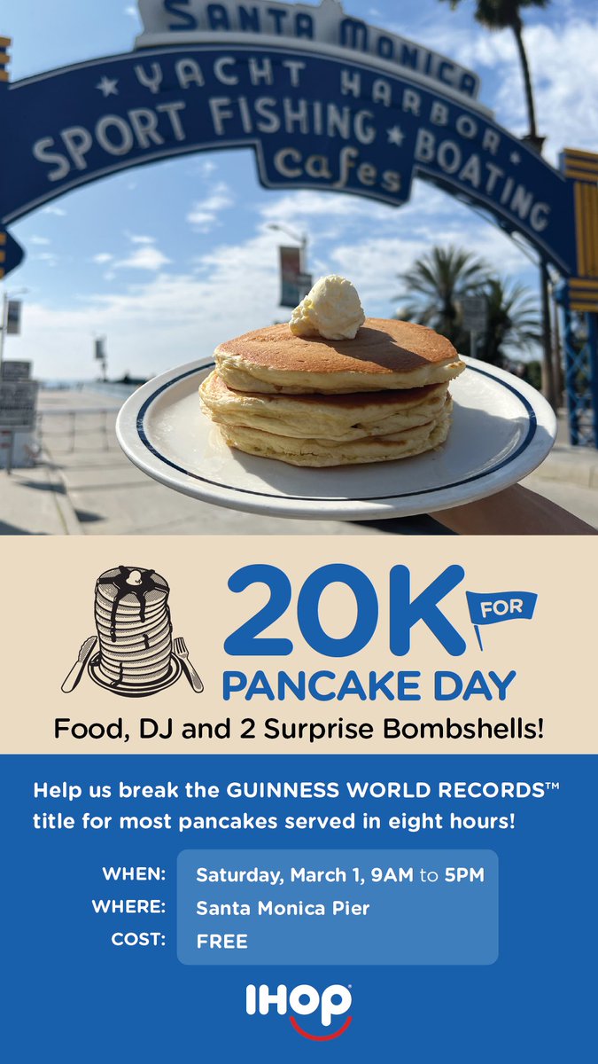 Let’s set a record together!!!
<a href="/IHOP/">IHOP</a> 🥞Help #ihop break the @guinnessworldrecords title for the most pancakes served in eight hours! 🥞
3/1 from 9a-to5p at the Santa Monica Pier! 
#NationalPancakeDay #GuinnessWorldRecords #IHOP #PancakeLovers #SantaMonicaPier
#20kpancakesinaday