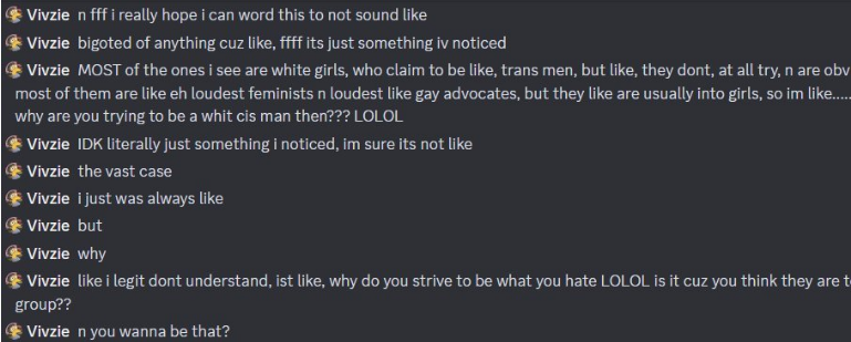vivziereceipts's tweet photo. The Vivziepop fandom is suddenly very concerned about the potential transphobia of other creators; that in mind, here's Vivienne sharing her thoughts on trans men and misgendering a nonbinary former friend in anger. https://t.co/SnjVxVx3C2