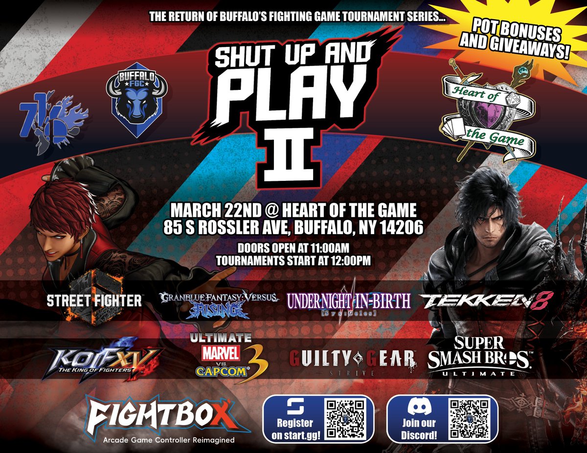 BuffaloFGC (@buffalofgc) on Twitter photo Shut Up And Play 2 is already just 22 days away!
Time to spice it up and add $100 pot bonuses to EVERY GAME on the roster + $25 for every 16 players signed up! Along with giveaways from our friends at <a href="/FightBoxArcade_/">FightBoxArcade</a>
Sign up today! - start.gg/suap2
#BFGC #SUAP2 𦬠Shut Up And Play 2 is already just 22 days away!
Time to spice it up and add $100 pot bonuses to EVERY GAME on the roster + $25 for every 16 players signed up! Along with giveaways from our friends at <a href="/FightBoxArcade_/">FightBoxArcade</a>
Sign up today! - start.gg/suap2
#BFGC #SUAP2 π¦¬