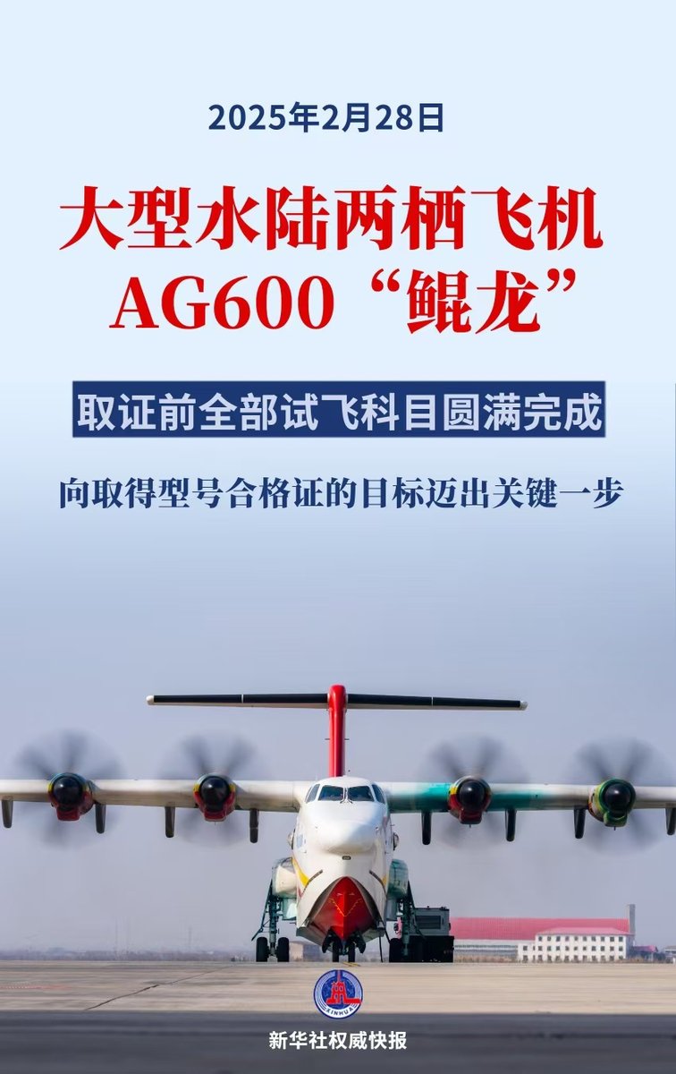 globaltimesnews's tweet photo. China's homegrown AG600 "#Kunlong" amphibious aircraft, developed by China's AVIC, completed a combustible liquid discharge test flight in Northwest #China's Shaanxi Province on Friday. This milestone concludes all pre-certification tests, advancing its type certificate, Xinhua reported.