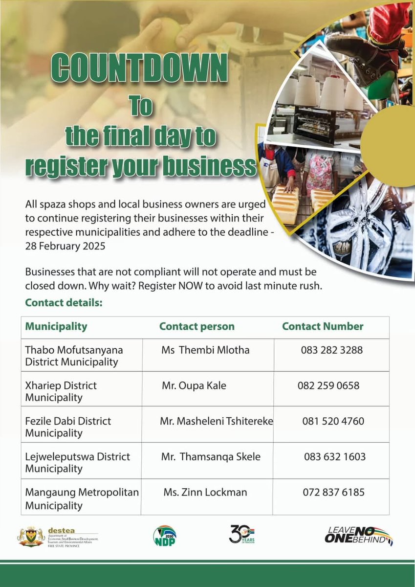 FSDESTEA's tweet image. Spaza shop and Business registration deadline today.
#DESTEA #FreeStateEconomy #SMMESupport #GrowingTheFreeStateEconomy #SmallBusinessMatters