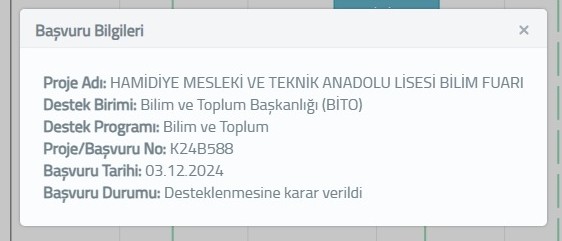 Okulumuz Bilişim Teknolojileri Alan Şefi Barış ÖZER yürütücülüğünde başvurusu yapılan TÜBİTAK 4006 Bilim Fuarımız destek almaya hak kazanmıştır. Emeği geçen öğretmen ve öğrencilerimizi tebrik ediyoruz. <a href="/TuncayKaldirim/">Tuncay Kaldırım</a> <a href="/yakupyildiz024/">Yakup YILDIZ</a> <a href="/AGazioglu25/">Abdurrahman GAZİOĞLU</a> <a href="/cengizsavas25/">Cengiz savas</a> <a href="/zknytkn/">Özkan Yetkin</a>