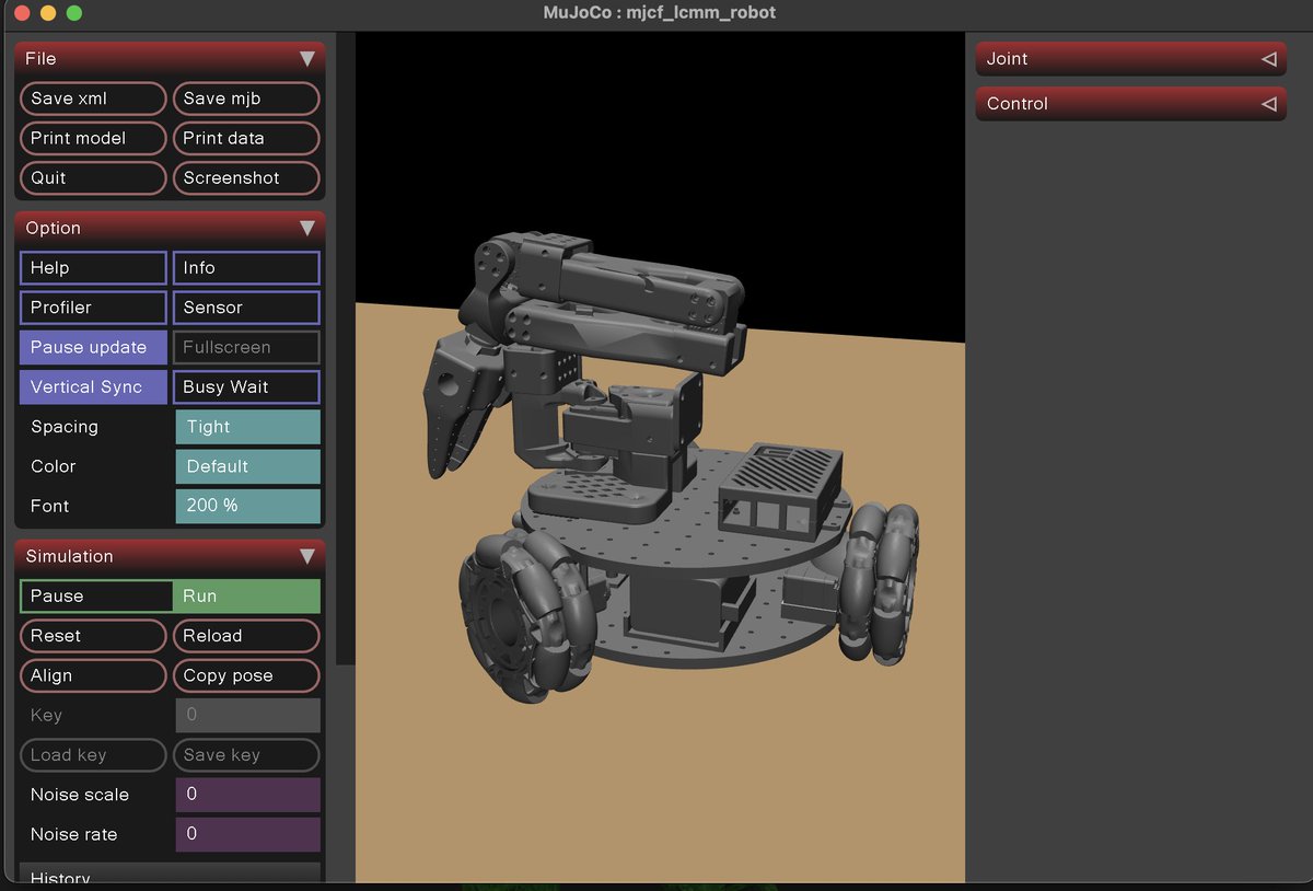 sigrobotics's tweet image. mujoco xml for lekiwi mostly works
need to fix joint limits, make the colors less ugly, fix some other random bugs, then open-source
will probably add a basic teleop script too
stay tuned!
