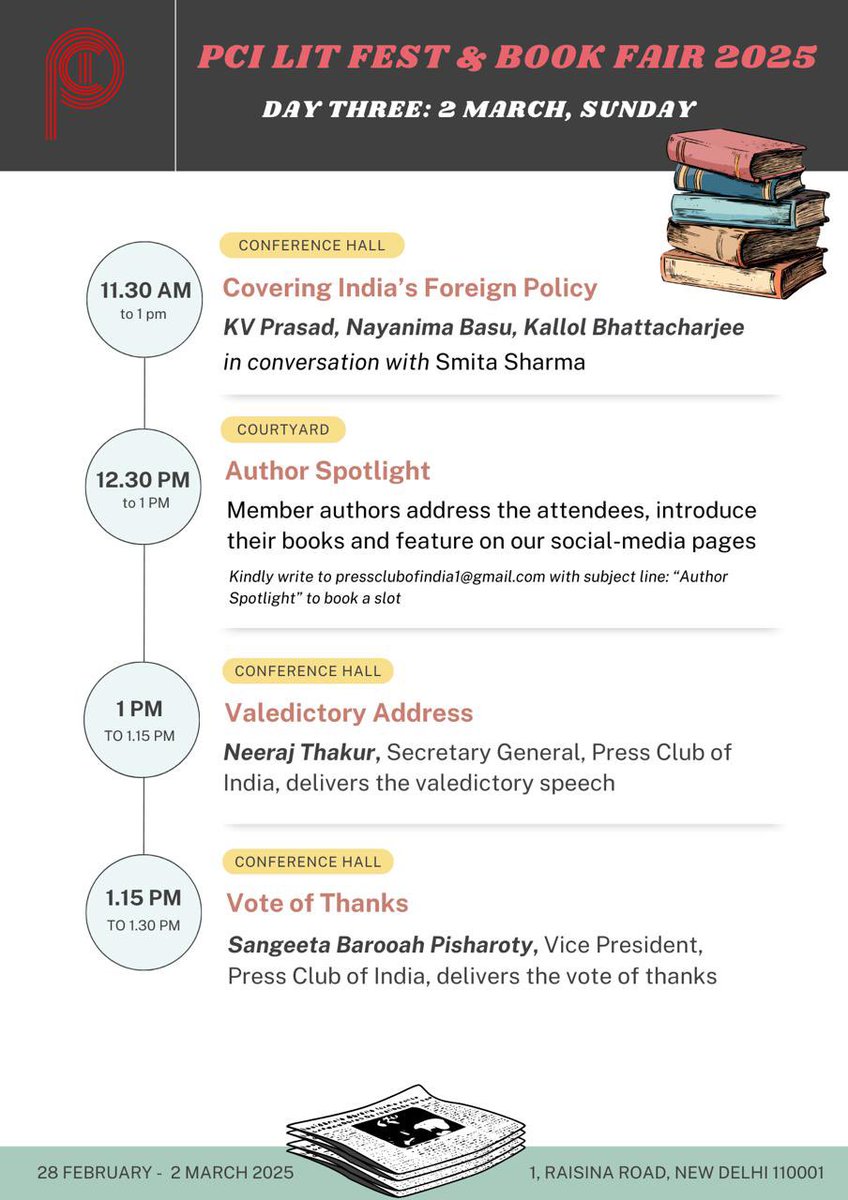 PCITweets's tweet photo. 📢 STARTING TODAY!
Come join us at the #PCILitFest2025 for books, conversations and food.
28 February to 2 March 2025
11am onwards
1, Raisina Road, near Central Secretariat Metro Gate 2
#PCILitFest2025 #PCILitFest #PressClubofIndia #LitFest #BookFair #FoodFestival https://t.co/EWOrGwI1LM